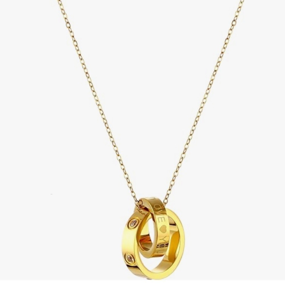 18k gold plated double hoop infinity love necklace with hearts 16-18” adjustable